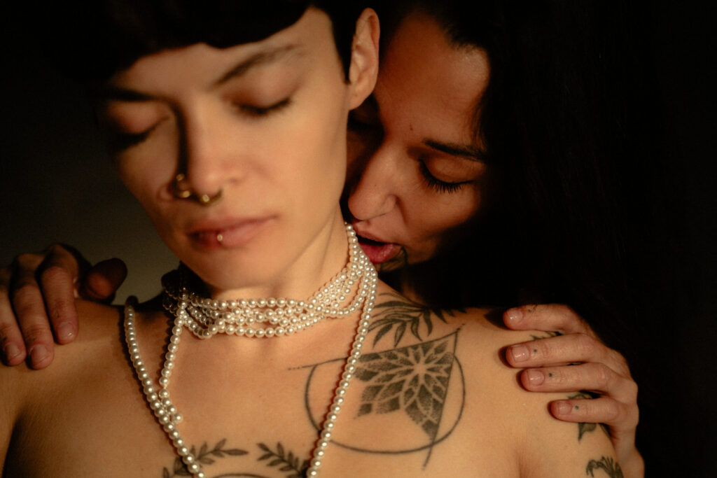 Erotic photoshoot with pearls