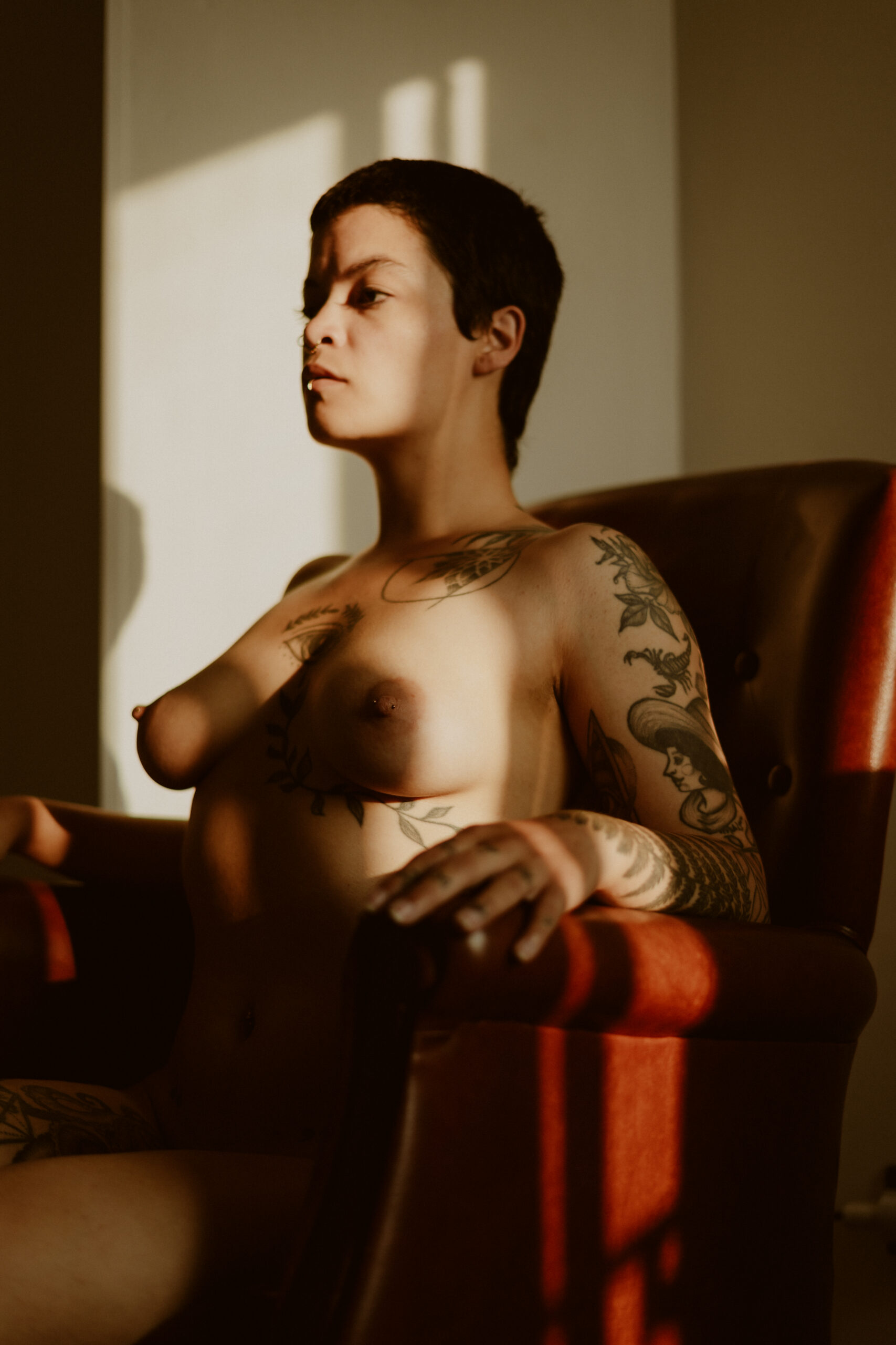 Self-portraits in an armchair with sunlight